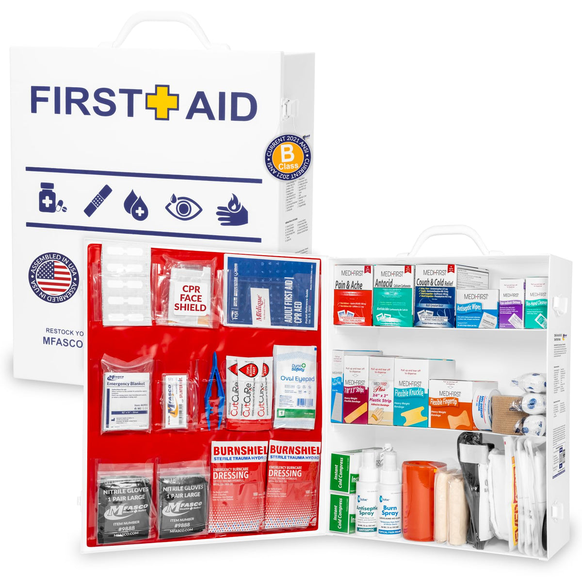 MFASCO OSHA/ANSI 2021 Class B Compliant First Aid Cabinet, Large, 3-Shelf