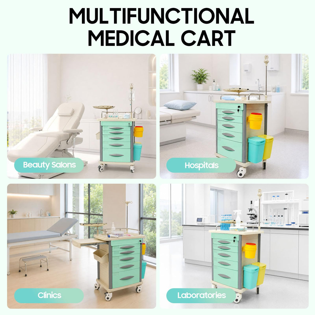 Medical Rolling Crash Cart with Accessories-CPR Board, 2 Trash Bin, Power Strip, Drawers with Dividers, Mobile Medical Cart for Clinic, Hospital, Nursing Center, Salon, 29.53 * 18.7 * 37.4in (Red)