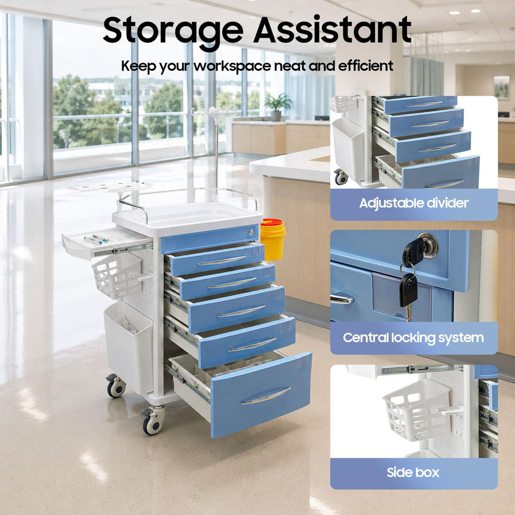 Medical Rolling Crash Cart with Accessories-CPR Board, 2 Trash Bin, Power Strip, Drawers with Dividers, Mobile Medical Cart for Clinic, Hospital, Nursing Center, Salon, 29.53 * 18.7 * 37.4in (Red)