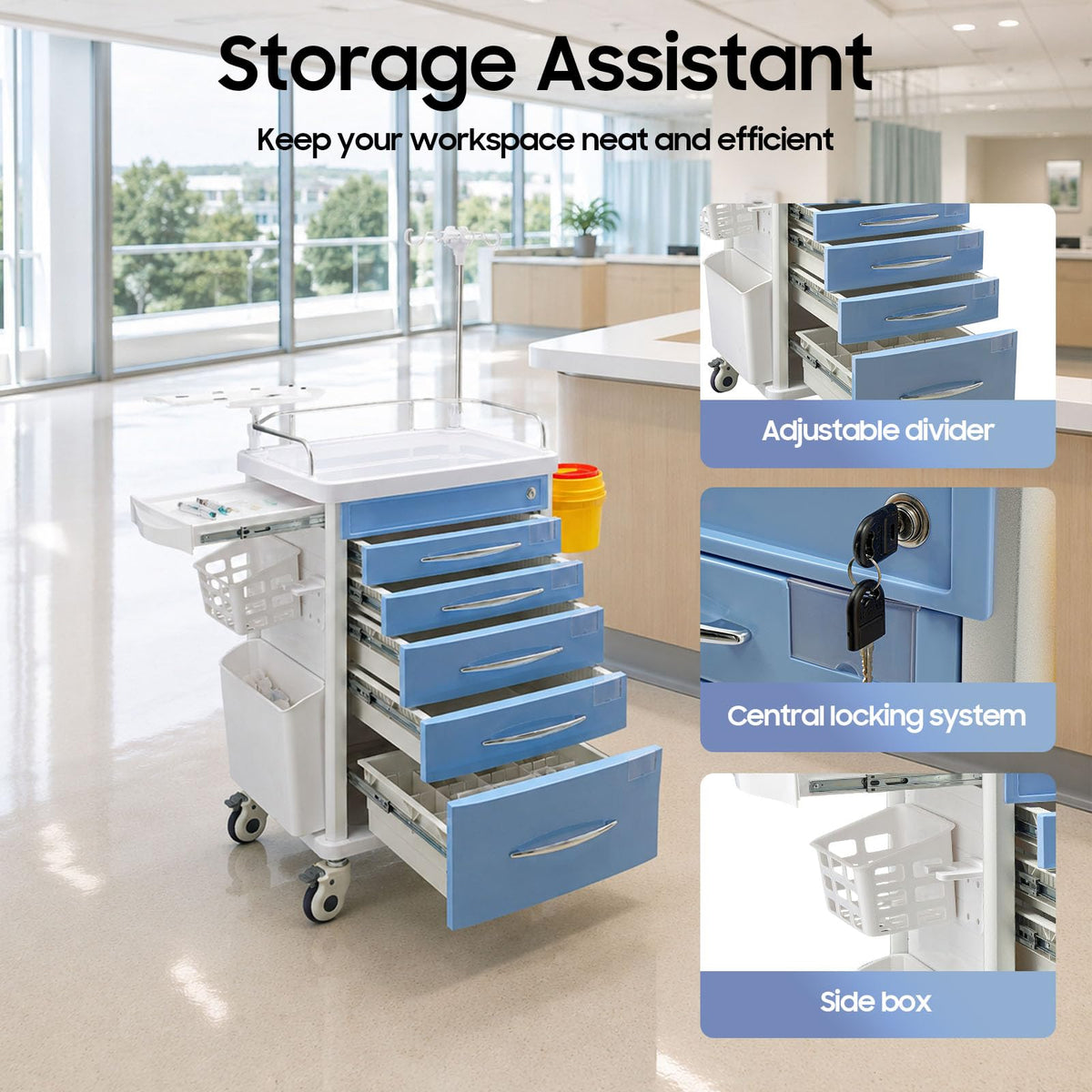 Medical Rolling Crash Cart with Accessories-CPR Board, 2 Trash Bin, Power Strip, Drawers with Dividers, Mobile Medical Cart for Clinic, Hospital, Nursing Center, Salon, 29.53 * 18.7 * 37.4in (Red)