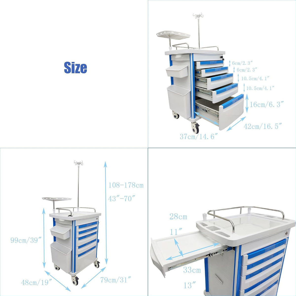 Mobile Anesthesia Cart Medical Emergency Crash Cart Medication ABS Storage Trolley Movable Vehicle Cabinet with Oxygen Cylinder Bracket Plastic Basket for Hospitals and Clinics