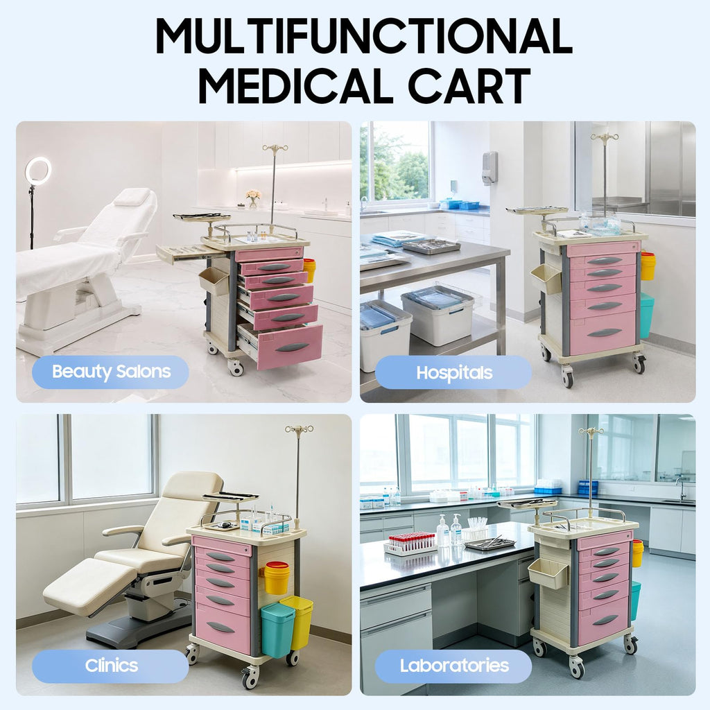 Medical Rolling Crash Cart with Accessories-CPR Board, 2 Trash Bin, Power Strip, Drawers with Dividers, Mobile Medical Cart for Clinic, Hospital, Nursing Center, Salon, 29.53 * 18.7 * 37.4in (Red)