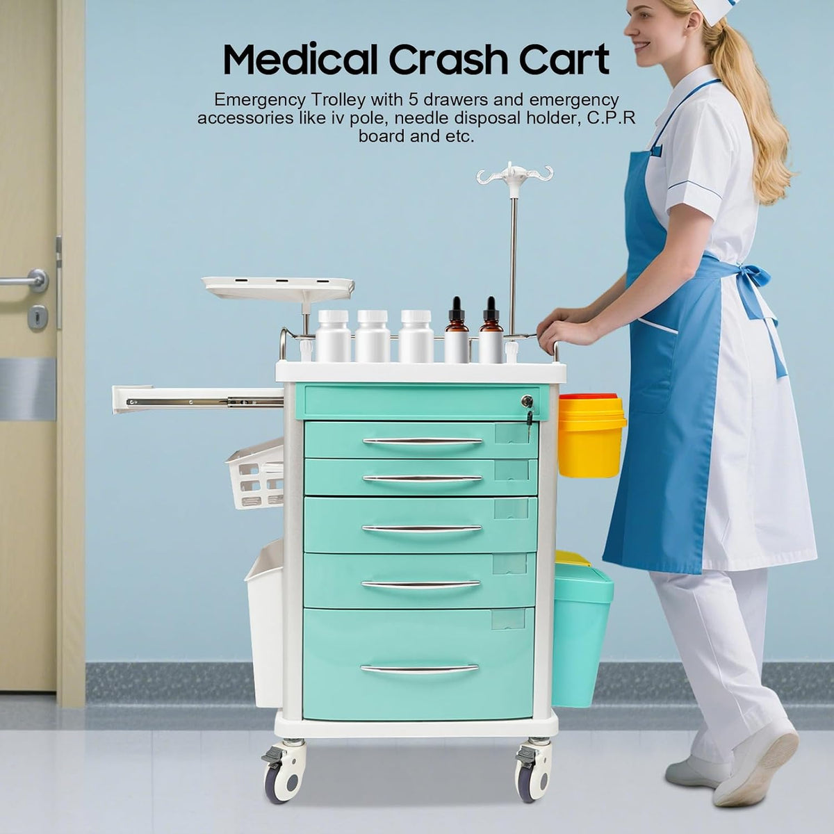 Medical Rolling Crash Cart with Wheels-CPR Board, IV Pole, O2 Holder, Trash Bin, Silent Casters, 5 Drawers with Dividers, Emergency Cart for Clinic, Hospital, Nursing Center (Green)