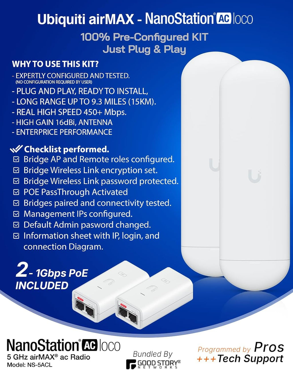 Wireless Bridge Ubiquiti NS-5AC PRE-CONFIGURED, Bundle of 2 Ubiquiti Nanostation NS5AC, Point to Point Outdoor WiFi Bridge, Plugh and Play, 5GHz, 450+Mbps, 15+km Link Range, Network Bridge