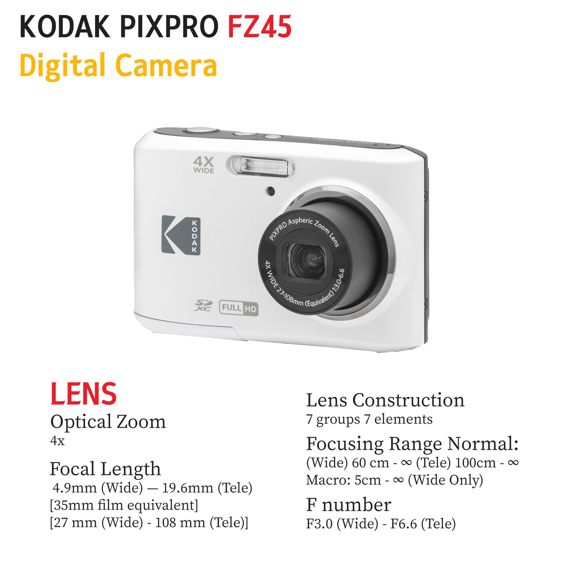 KODAK PIXPRO FZ45 16MP Digital Camera with 4X Optical Zoom 27mm Wide Angle and 2.7" LCD Screen Bundle with 32GB SD Memory Card, AA Batteries (4 Pack), Lens Cleaning Cloth (Red)