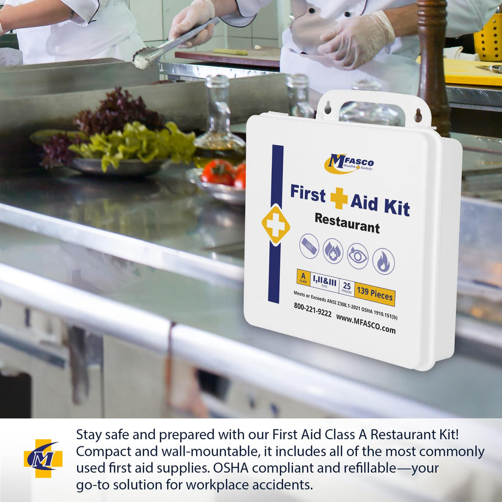 MFASCO Restaurant First Aid Kit - 2 Shelf Metal Cabinet, OSHA 2021 Class A