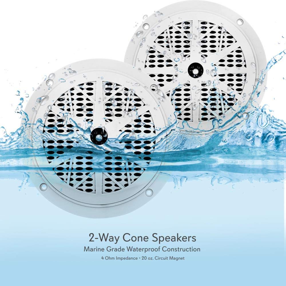 Pyle Marine Bluetooth Receiver Speaker Kit - Waterproof Audio Entertainment System Set w/Dual 6.5" Boat Speakers, Wireless BT Controller, Compact Handheld Broadcasting Microphone (White)