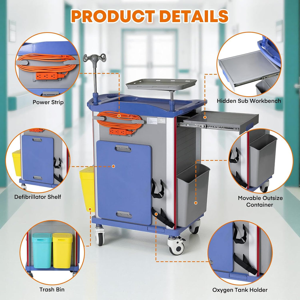 5-Tier Medical Cart with Wheels, Hospital Emergency Rolling Crash Carts with Adjustable IV Pole, Cardiac Board, O2 Holder, Power Strip, Trash Bin - Ideal Nursing Cart for Clinics, Hospitals