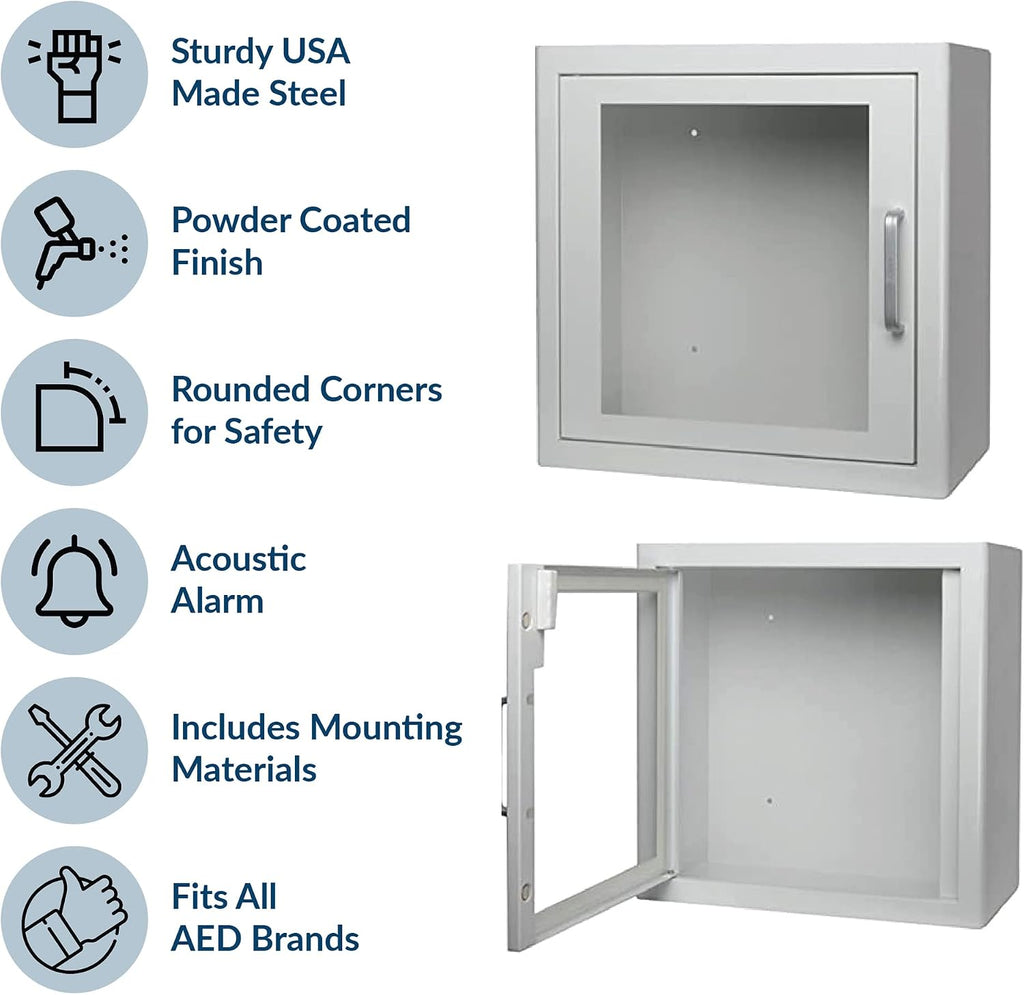Indoor Universal AED Mounted Wall Cabinet - Mounting Hardware Included - Acoustic Alarm and Plexiglass
