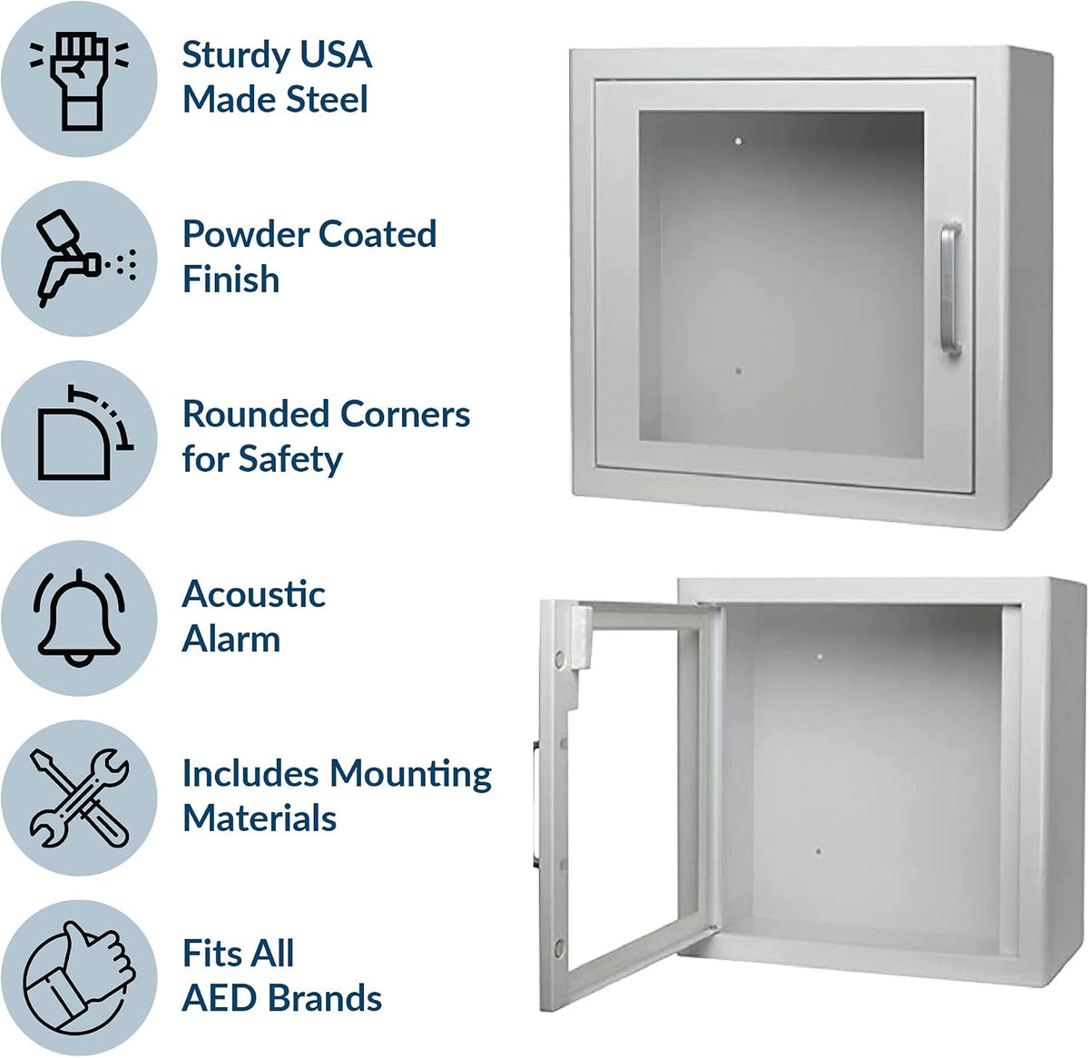 Indoor Universal AED Mounted Wall Cabinet - Mounting Hardware Included - Acoustic Alarm and Plexiglass