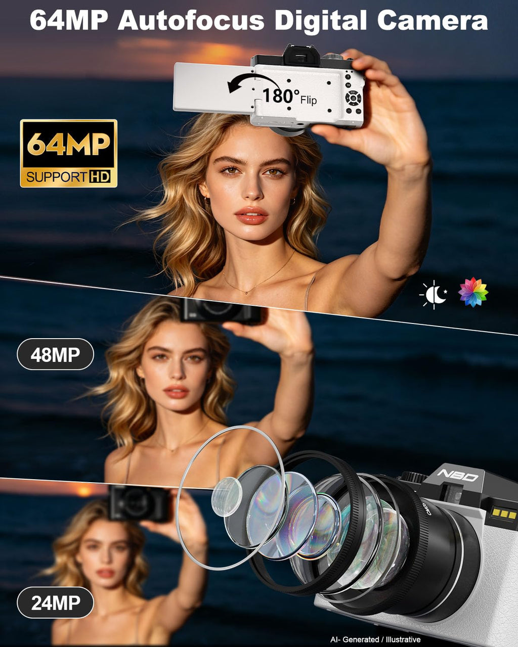 True 8K 64MP Digital Camera for Photography with Microphone(Black)