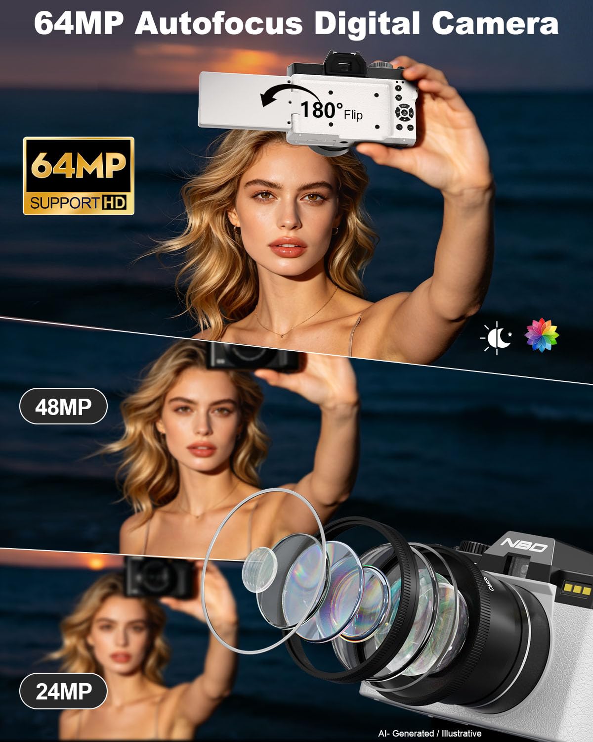True 8K 64MP Digital Camera for Photography with Microphone(Black)