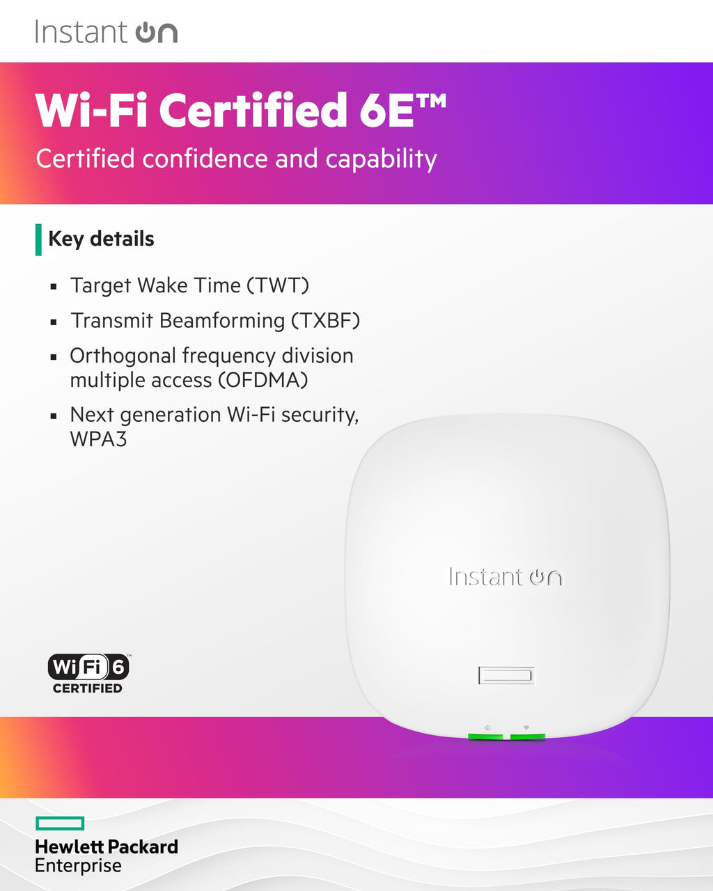 HPE Networking Instant On Access Point AP32 2x2 WiFi 6E Indoor Wireless Access Point | Secure, Tri-Band, Future Ready | Power Source Not Included | US Model (S1T22A)