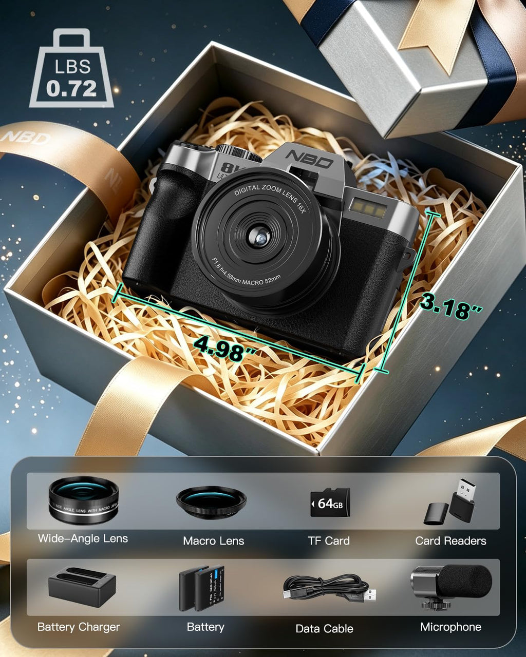 True 8K 64MP Digital Camera for Photography with Microphone(Black)