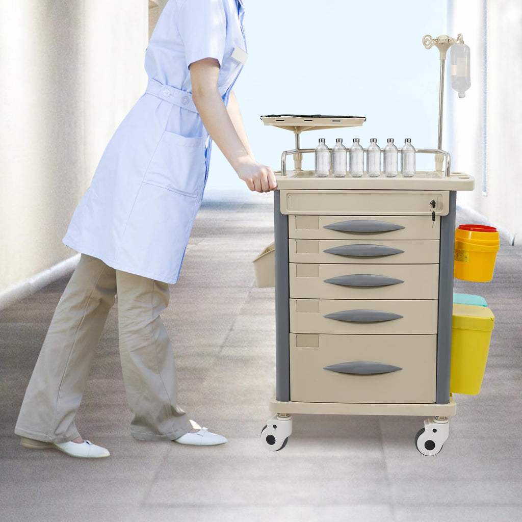 Medical Rolling Crash Cart, Medical Trolley 5 Drawers and Power Strip, Mobile Medical Cart for Clinic, Hospital, Nursing Center, Lockable Storage, Safety Retention Straps, Tag Slots (Blue)