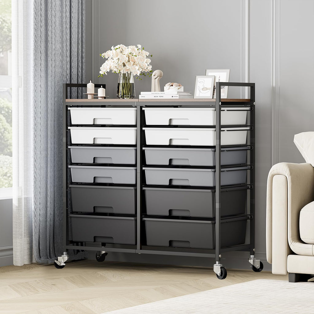 TOOLF 12 Drawers Rolling Storage Cart with Wooden Top for Classroom,White