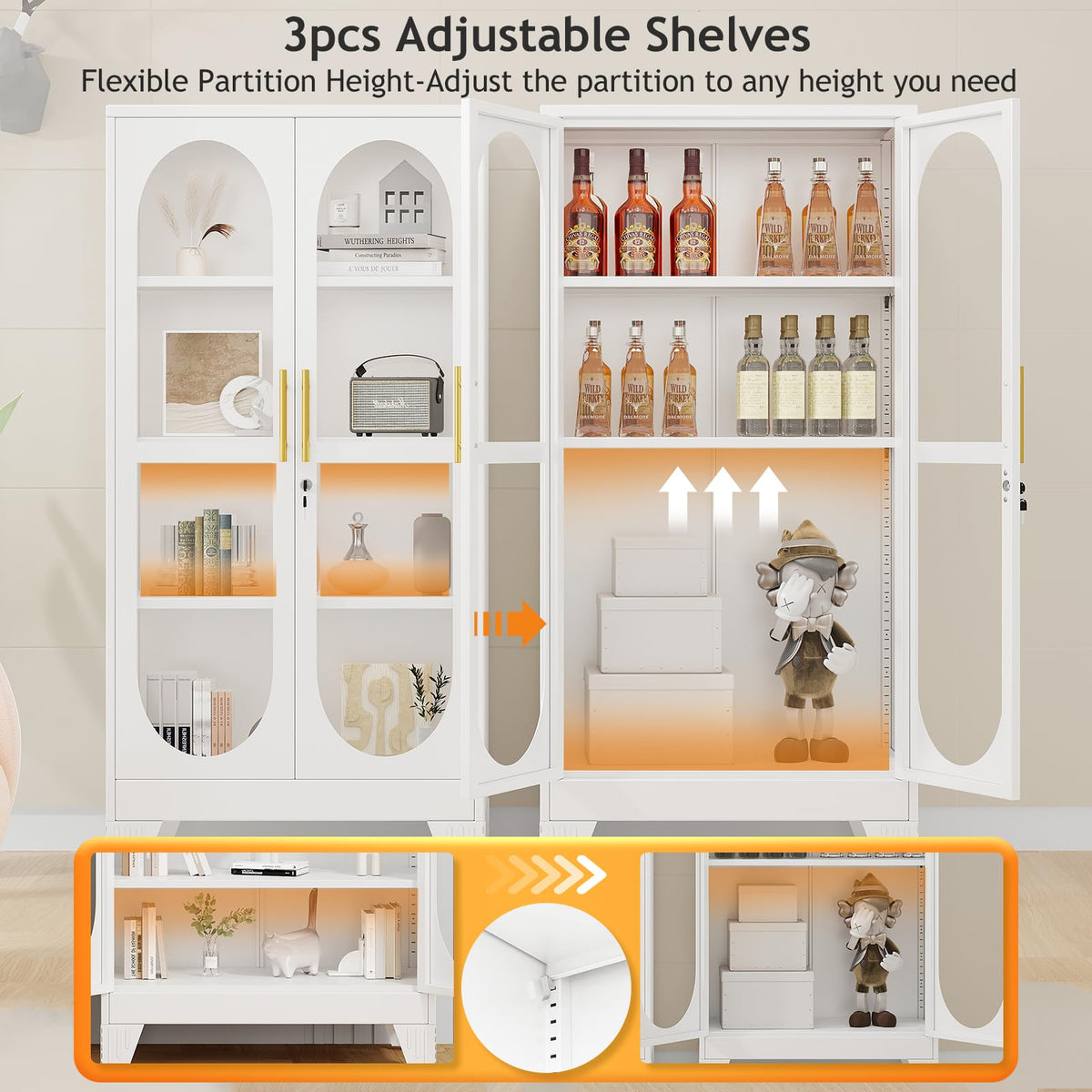 PAOFIN 47" H Locking Display Cabinet with Glass Door, Metal Cabinets with 3 Adjustable Shelves, Cabinet Display Case for Living Room, Collectibles, Clinic, Home - Assembly Required White