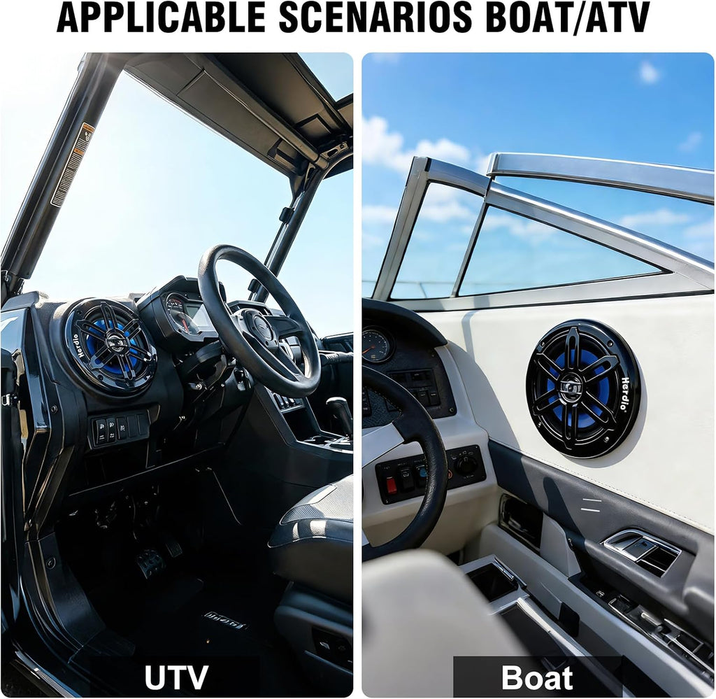Herdio 6.5 Inch 350W Bluetooth Marine Speakers with Blue LED Light - 2 Way Waterproof Coaxial Speakers for Boats, ATVs, UTVs (A Pair, Black)
