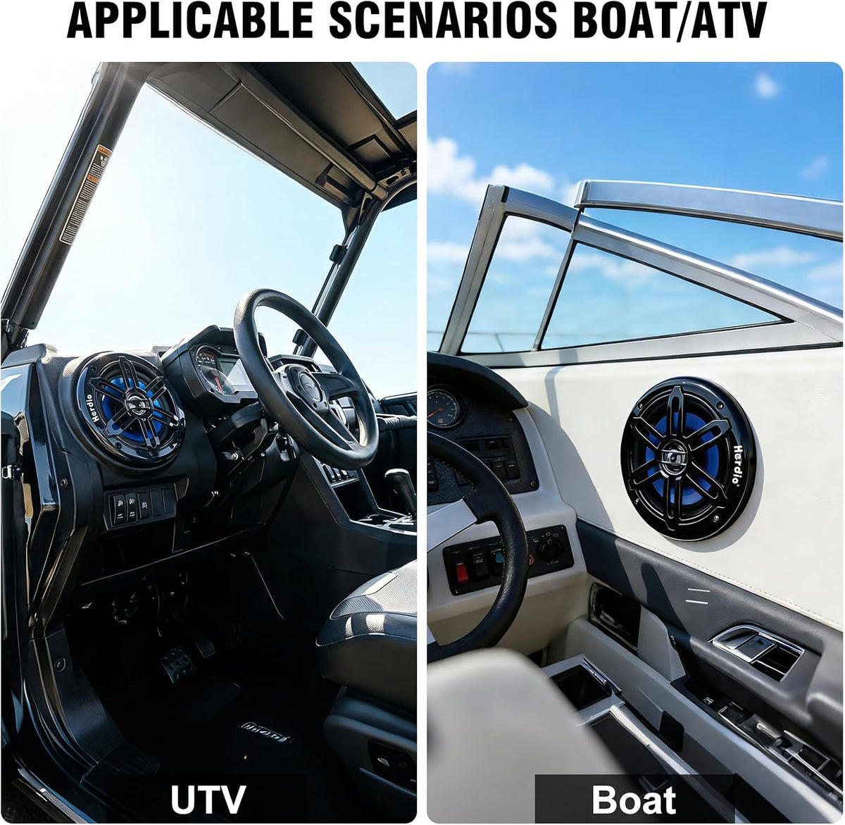 Herdio 6.5 Inch 350W Bluetooth Marine Speakers with Blue LED Light - 2 Way Waterproof Coaxial Speakers for Boats, ATVs, UTVs (A Pair, Black)