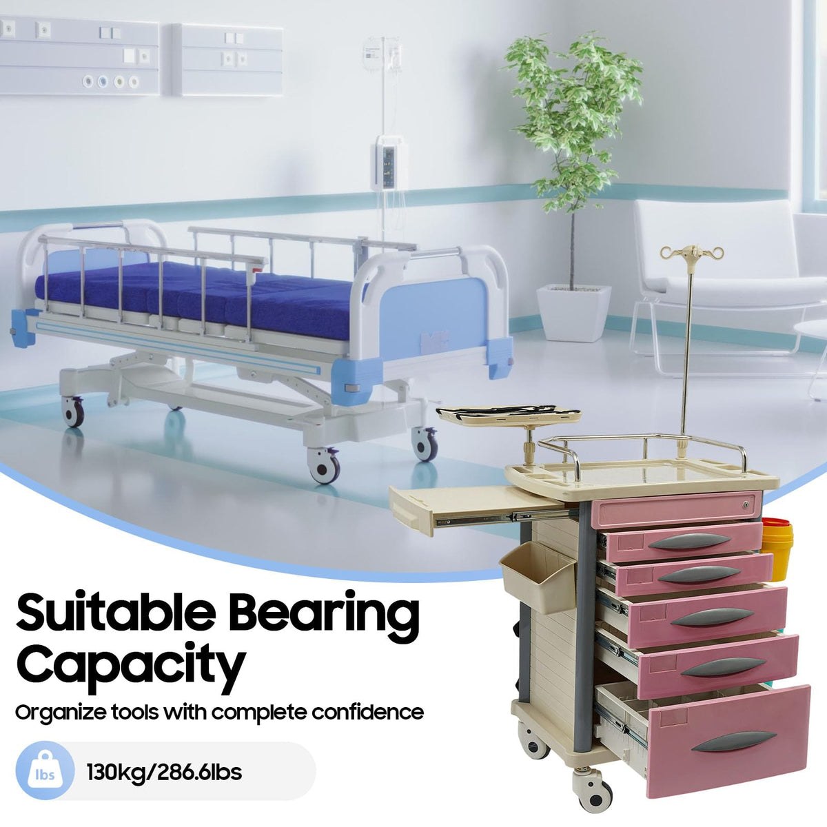 Medical Rolling Crash Cart with Accessories-CPR Board, 2 Trash Bin, Power Strip, Drawers with Dividers, Mobile Medical Cart for Clinic, Hospital, Nursing Center, Salon, 29.53 * 18.7 * 37.4in (Red)