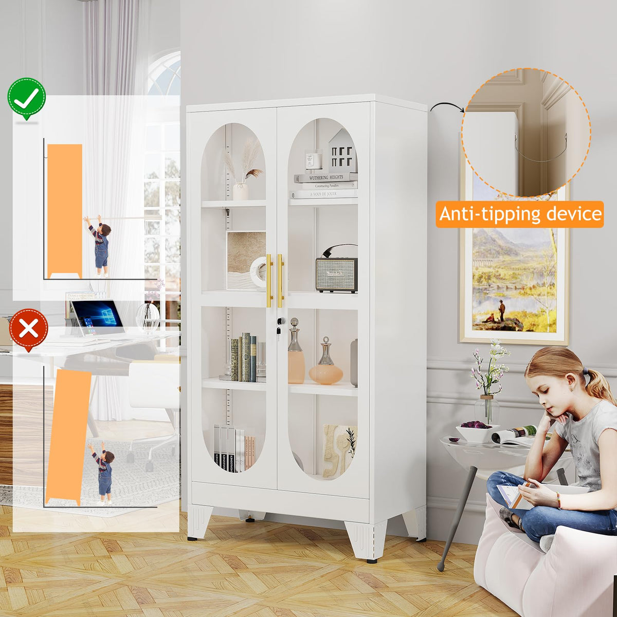 PAOFIN 47" H Locking Display Cabinet with Glass Door, Metal Cabinets with 3 Adjustable Shelves, Cabinet Display Case for Living Room, Collectibles, Clinic, Home - Assembly Required White