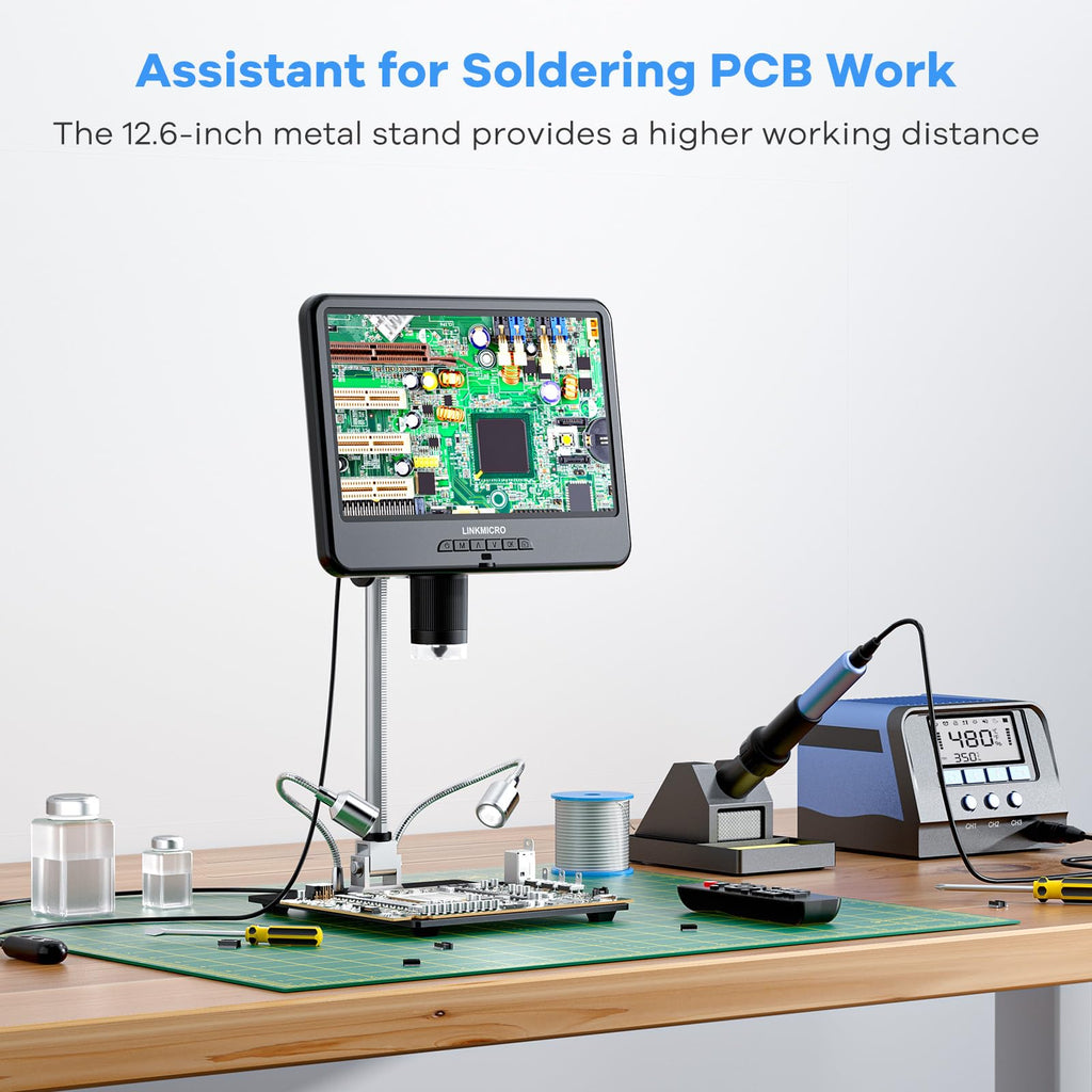 LM109A 10.1" Digital Microscope, Flexible Arm Stand with C-Clamp