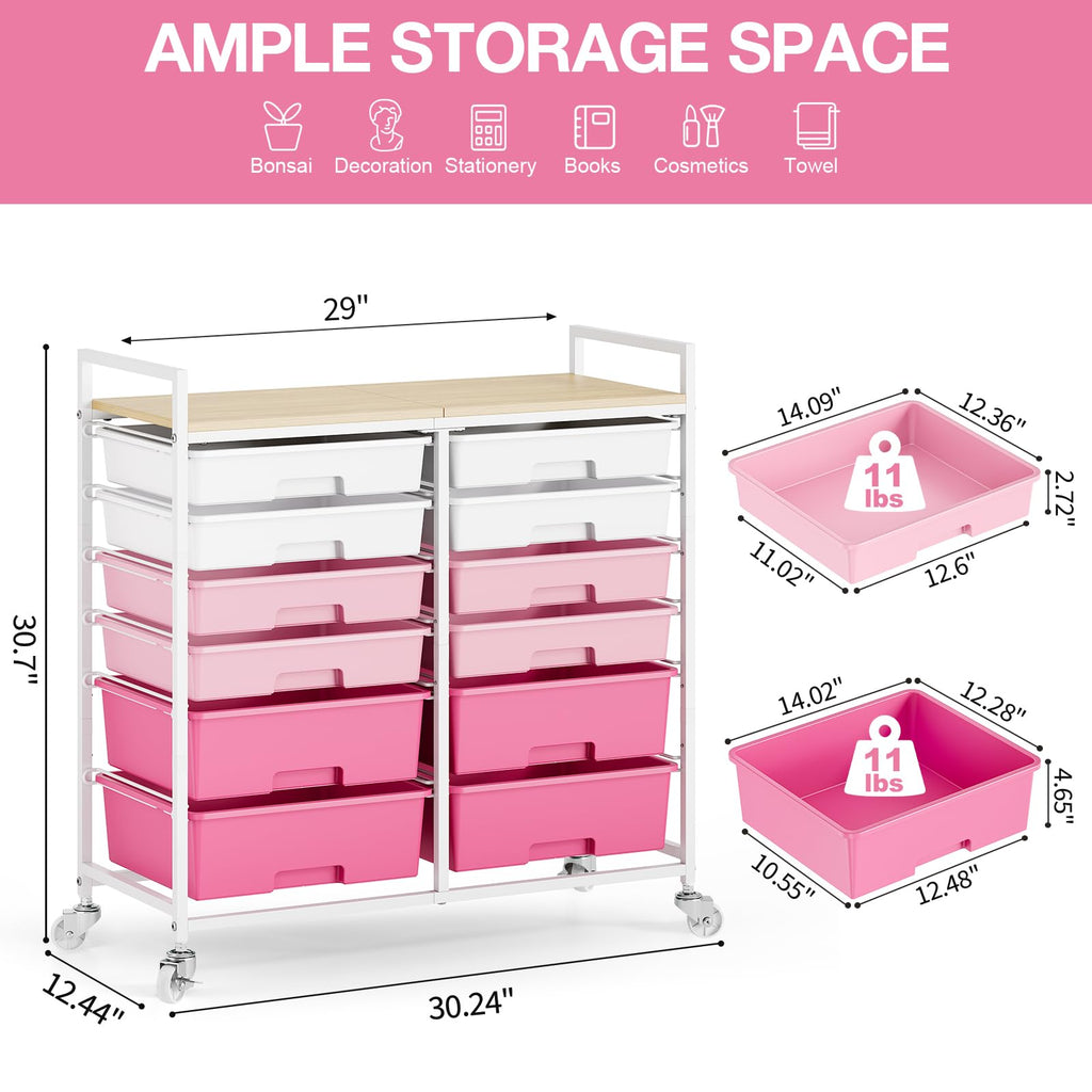 TOOLF 12 Drawers Rolling Storage Cart with Wooden Top for Classroom,White
