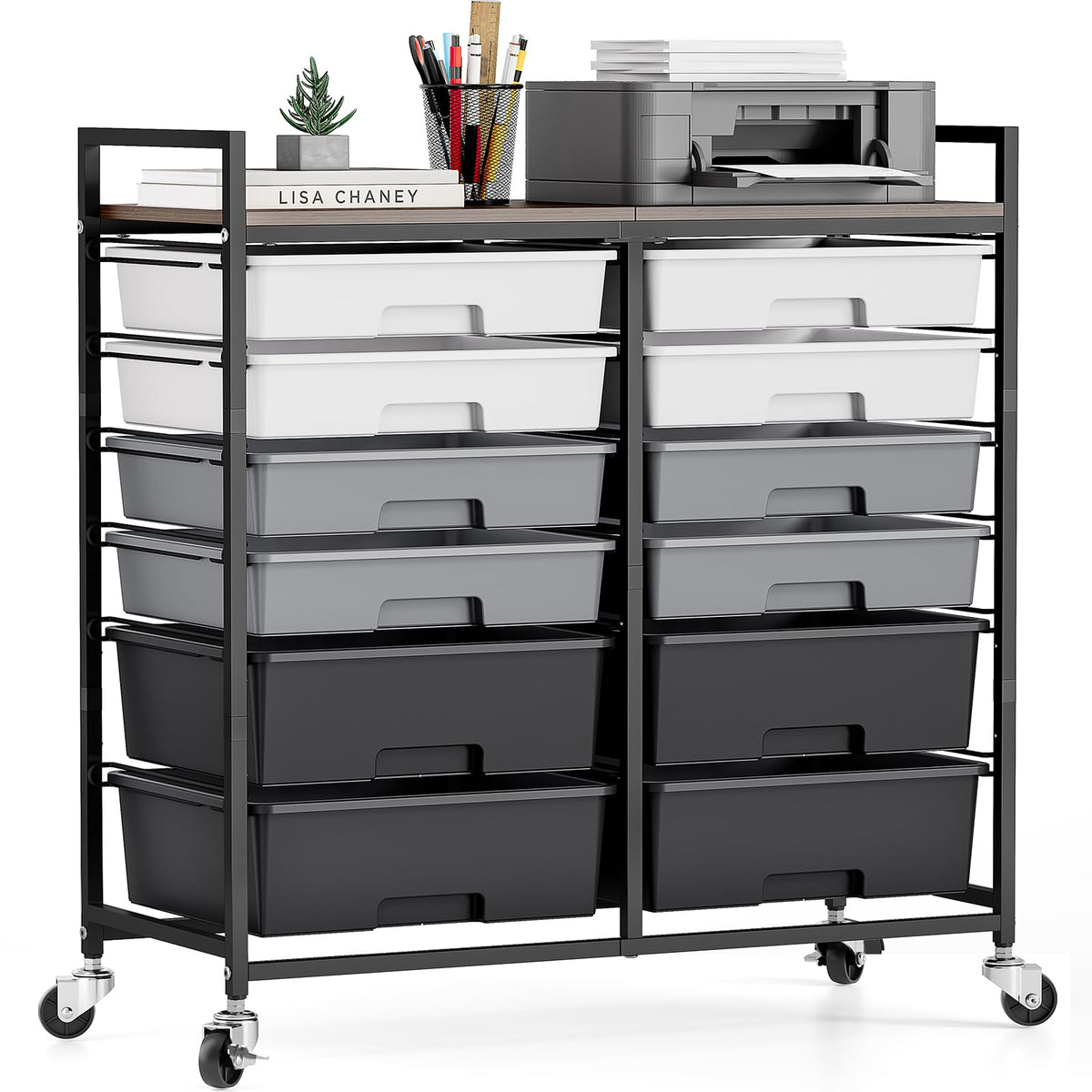 TOOLF 12 Drawers Rolling Storage Cart with Wooden Top for Classroom,White