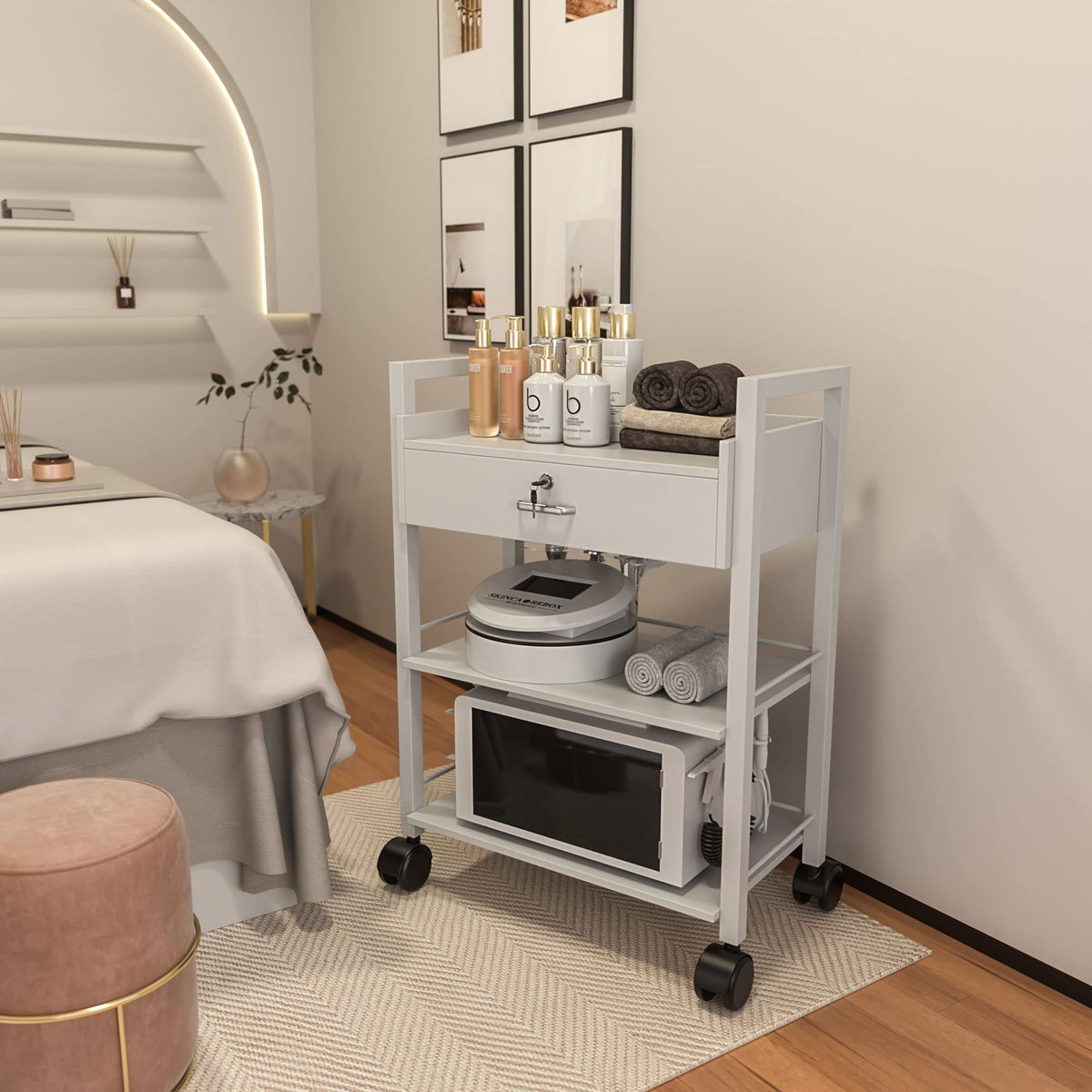 Paddie Salon Trolley Cart, Salon Tray Wooden Mobile Utility Cabinet with 2 Lockable Drawers, Rolling Storage Station Medical Esthetic Supply Holder for Beauty Spa (2 Drawers, White)