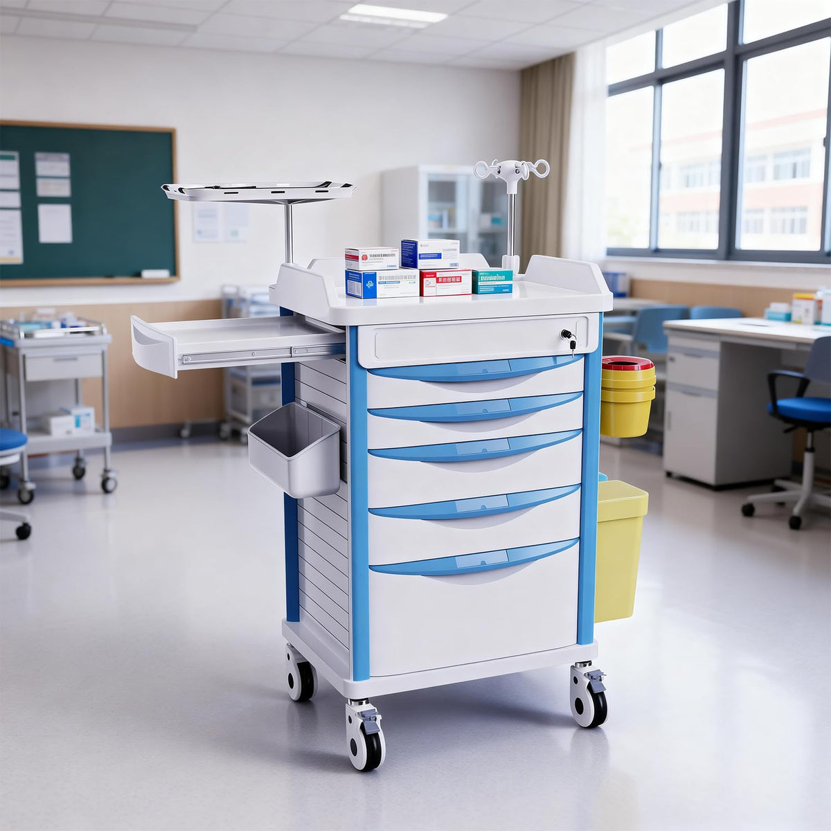 Medical Rolling Crash Cart with Integrated Medical Countertop