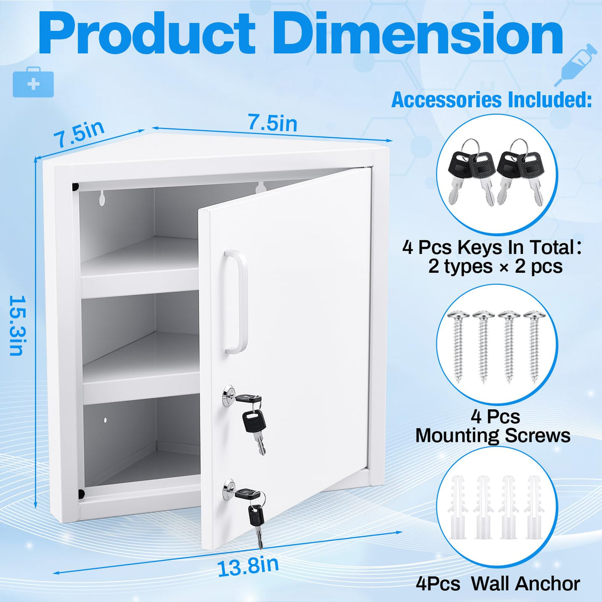 Zonon Corner Wall Cabinet with Lock, White, 21 x 16 x 6 Inch, Right Angle