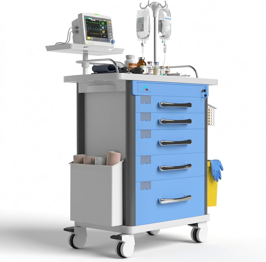 Medical Crash Cart | Emergency Rolling Trolley with 5 Locking Drawers | Hospital Procedure & Lab Utility Cart w/IV Pole, CPR Board, Defib Shelf & Power Strip | Mobile Workstation for Dental & Clinic