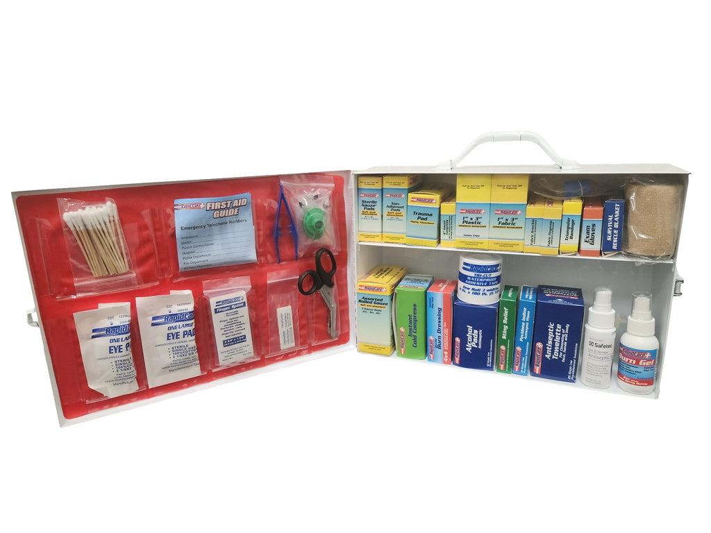 Rapid Care First Aid 80098 3 Shelf All Purpose First Aid Kit Cabinet, Class A+, Exceeds OSHA/ANSI Z308.1 2015, Wall Mountable