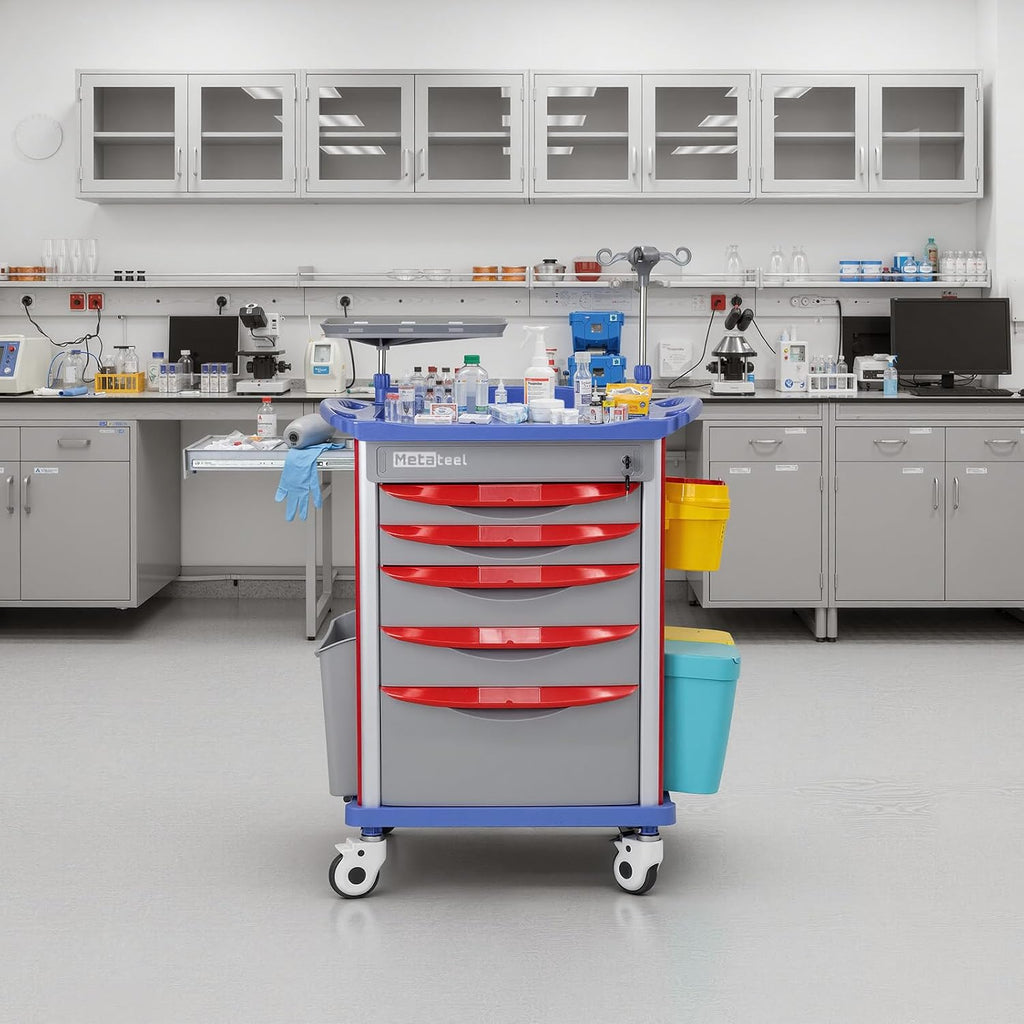 5-Tier Medical Cart with Wheels, Hospital Emergency Rolling Crash Carts with Adjustable IV Pole, Cardiac Board, O2 Holder, Power Strip, Trash Bin - Ideal Nursing Cart for Clinics, Hospitals
