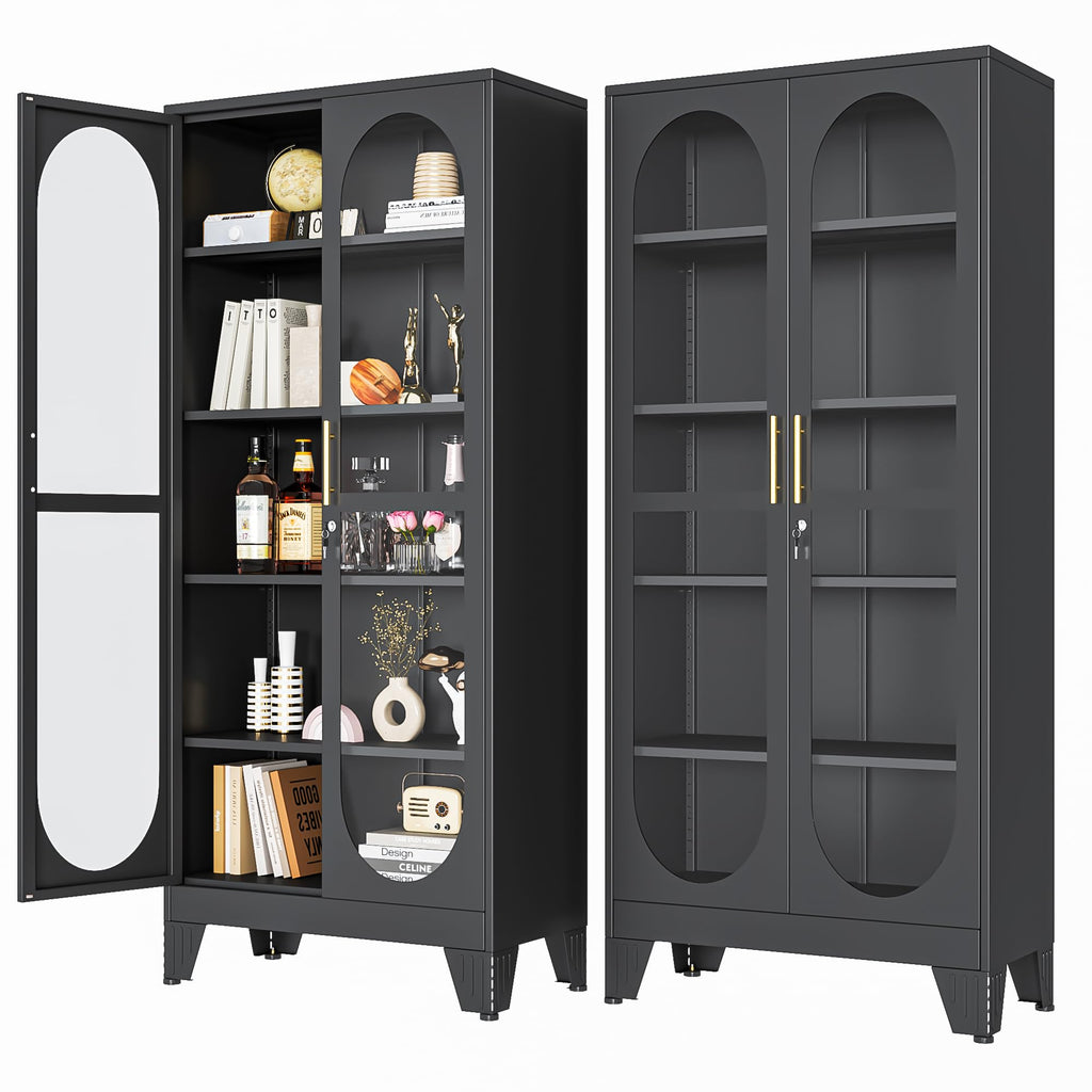 PAOFIN 47" H Locking Display Cabinet with Glass Door, Metal Cabinets with 3 Adjustable Shelves, Cabinet Display Case for Living Room, Collectibles, Clinic, Home - Assembly Required White