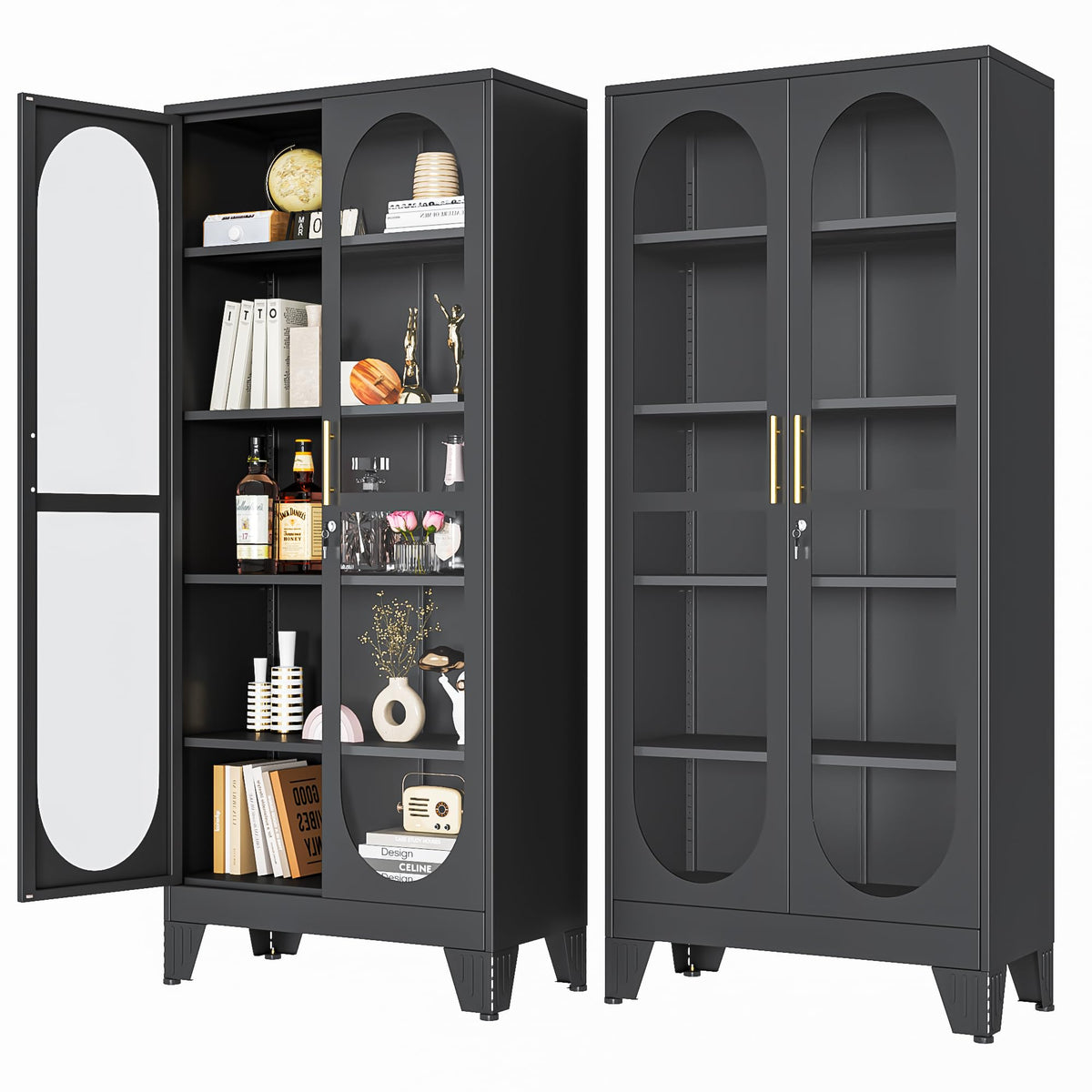 PAOFIN 47" H Locking Display Cabinet with Glass Door, Metal Cabinets with 3 Adjustable Shelves, Cabinet Display Case for Living Room, Collectibles, Clinic, Home - Assembly Required White