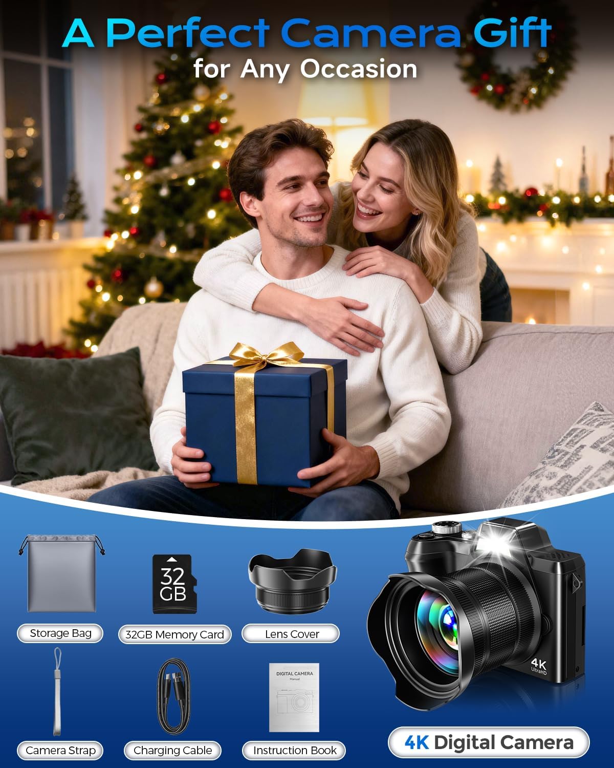 4K Digital Camera for Photography Travel, 56MP Autofocus Vlogging Camera for YouTube, 16X Zoom with 3" 180Â°Flip Screen & Lens Hood, 32GB Card, Gift Ideas for Teens & Beginners