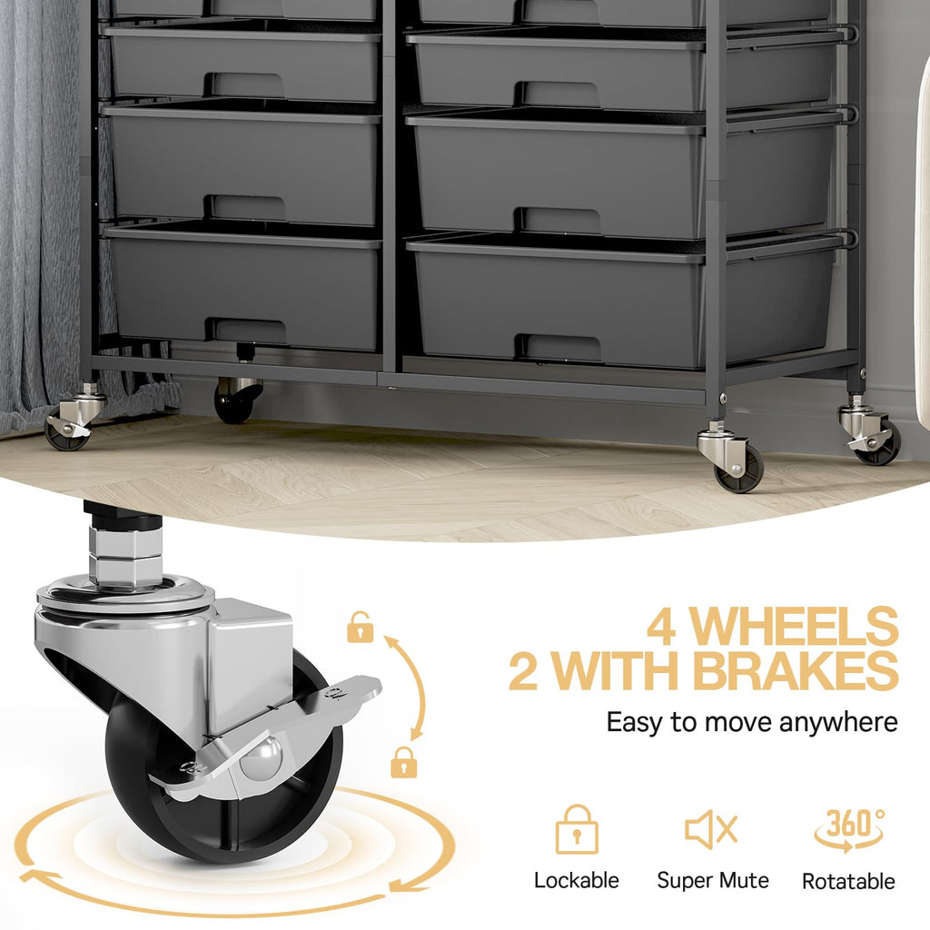 TOOLF 12 Drawers Rolling Storage Cart with Wooden Top for Classroom,White