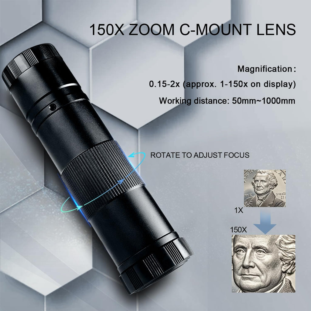 NICE-POWER Digital Microscope Camera, 13MP 1080P HDMI VGA Industrial Video Microscope, 150X Zoom C-Mount Lens, Foldable Stand, LED Ring Light, Soldering Microscopes for Electronics Repair