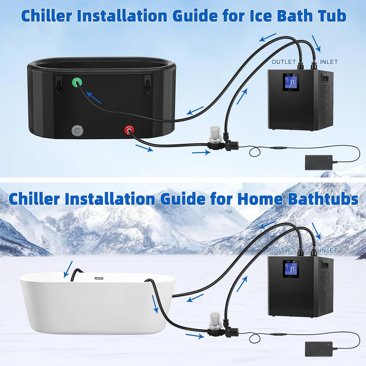 1/3 HP Ice Bath Chiller for Cold Plunge Tub, 300L Water Chiller System with LED Display, Pump, Remote Control, Hoses and Connectors for Home Bathtubs and Freshwater Aquariums (Black)