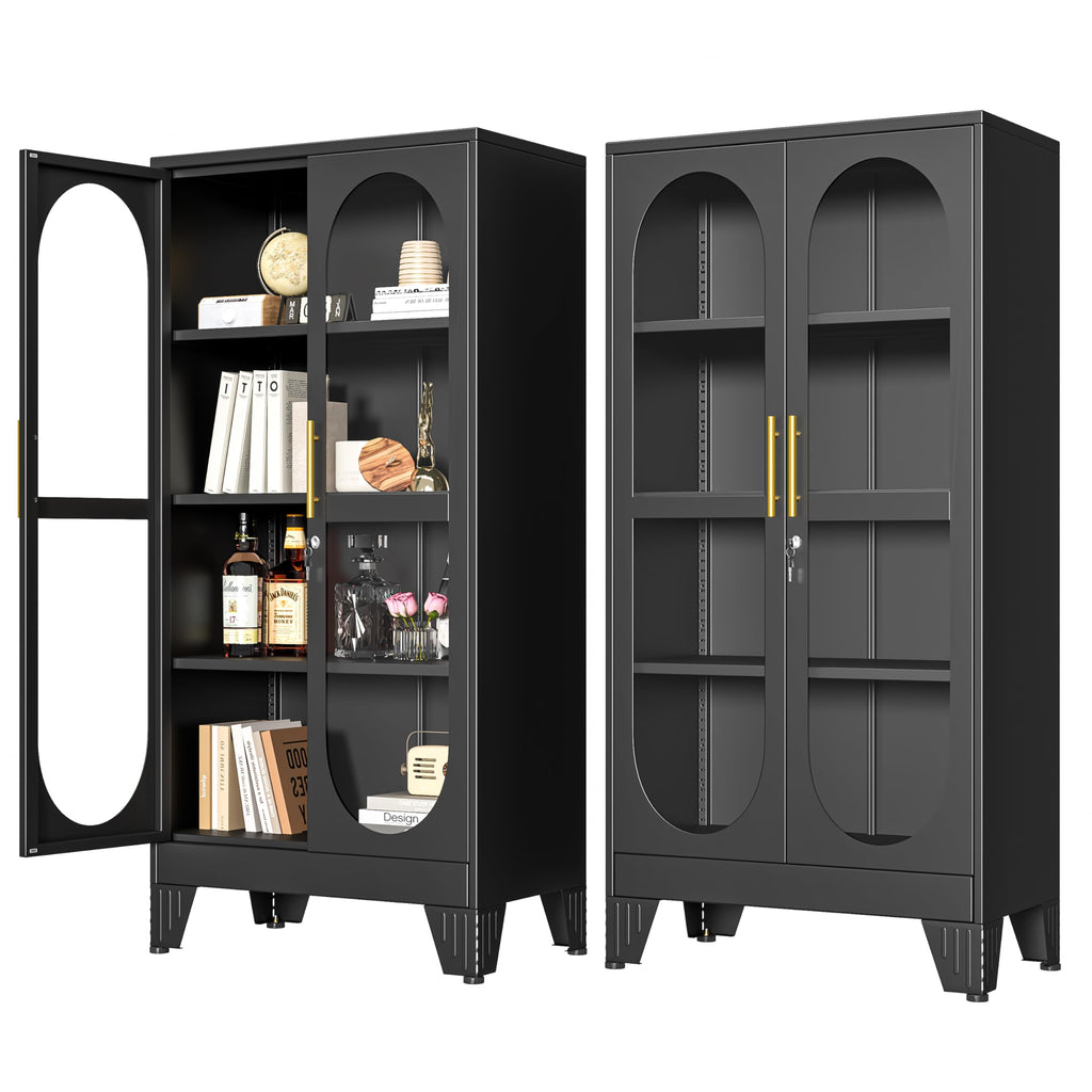 PAOFIN 47" H Locking Display Cabinet with Glass Door, Metal Cabinets with 3 Adjustable Shelves, Cabinet Display Case for Living Room, Collectibles, Clinic, Home - Assembly Required White