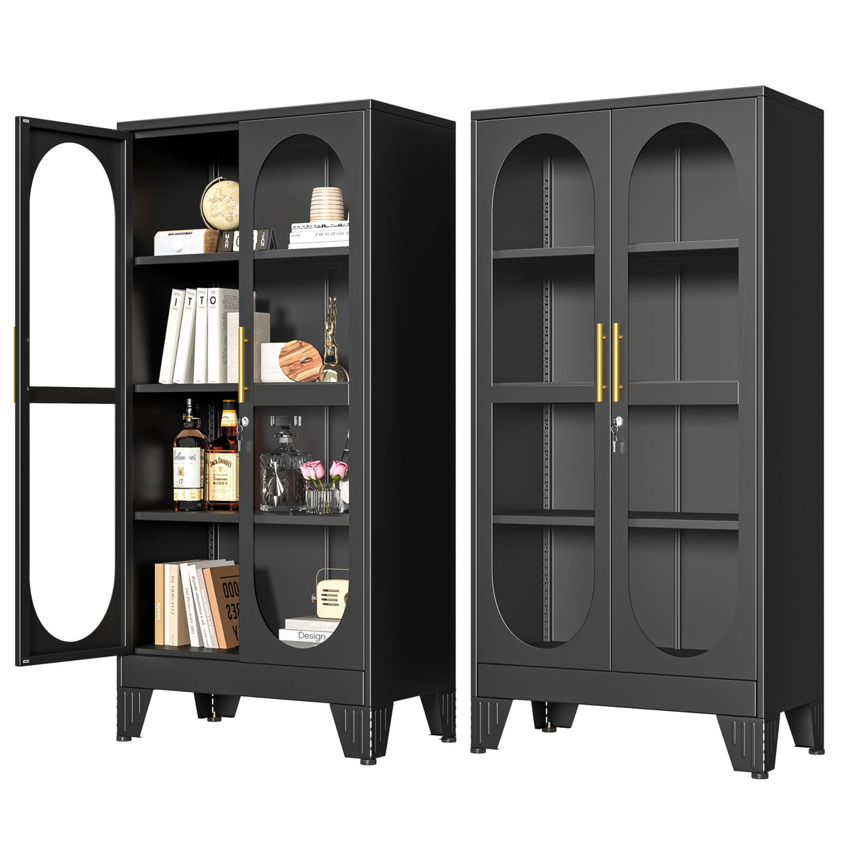 PAOFIN 47" H Locking Display Cabinet with Glass Door, Metal Cabinets with 3 Adjustable Shelves, Cabinet Display Case for Living Room, Collectibles, Clinic, Home - Assembly Required White