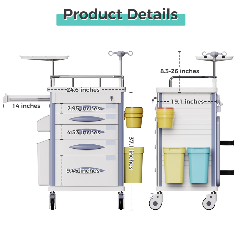 Medical Rolling Crash Cart with Integrated Medical Countertop