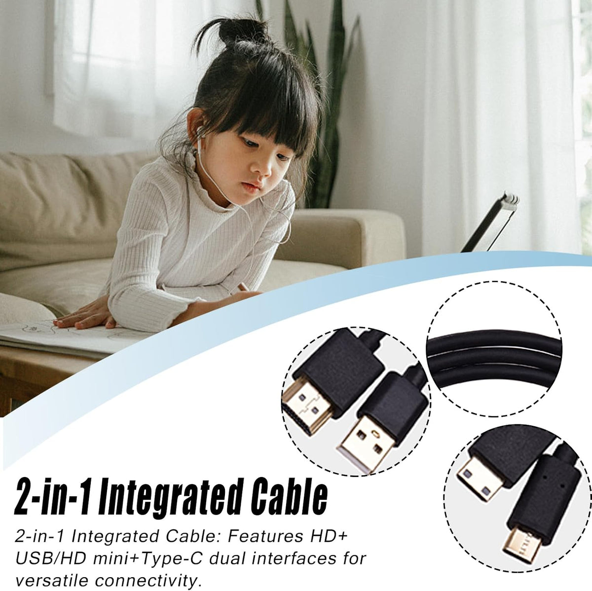 2-in-1 Cable HD USB Type C 1.55m for Graphics Tablet Monitor