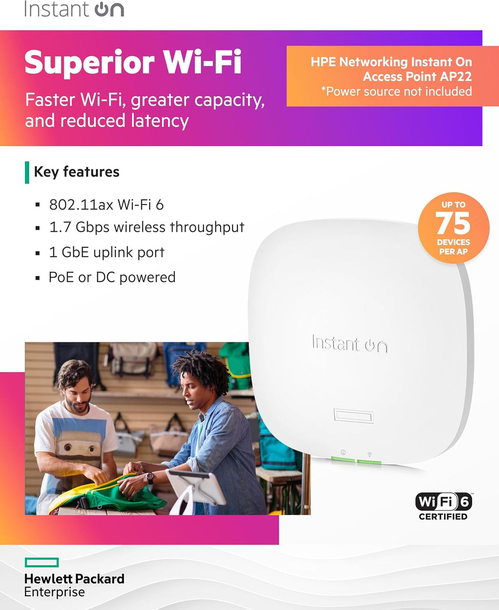 HPE Networking Instant On Access Point AP22 2x2 WiFi 6 Indoor Wireless Access Point | Long Range, Secure, Smart Mesh Support | Power Source Not Included | US Model (R4W01A),Dual-Band