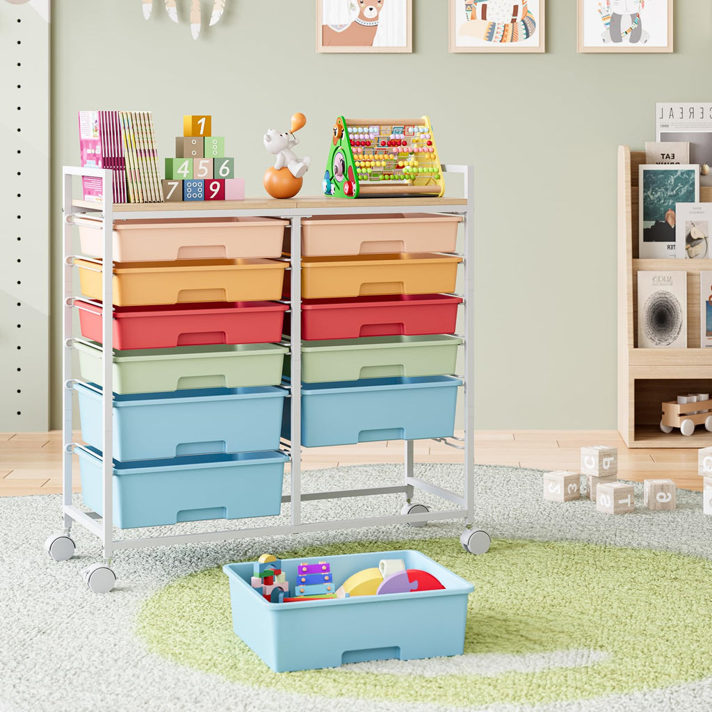 TOOLF 12 Drawers Rolling Storage Cart with Wooden Top for Classroom,White