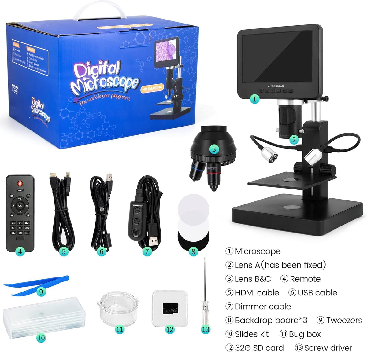 Andonstar AD246S-P HDMI Digital Microscope with 7'' Screen, 4000x 3 Lens