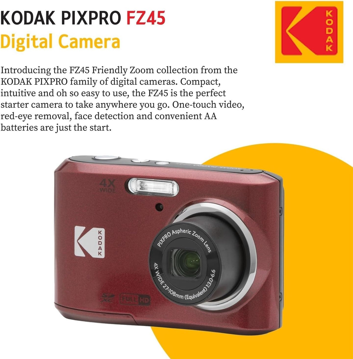 KODAK PIXPRO FZ45 16MP Digital Camera with 4X Optical Zoom 27mm Wide Angle and 2.7" LCD Screen Bundle with 32GB SD Memory Card, AA Batteries (4 Pack), Lens Cleaning Cloth (Red)