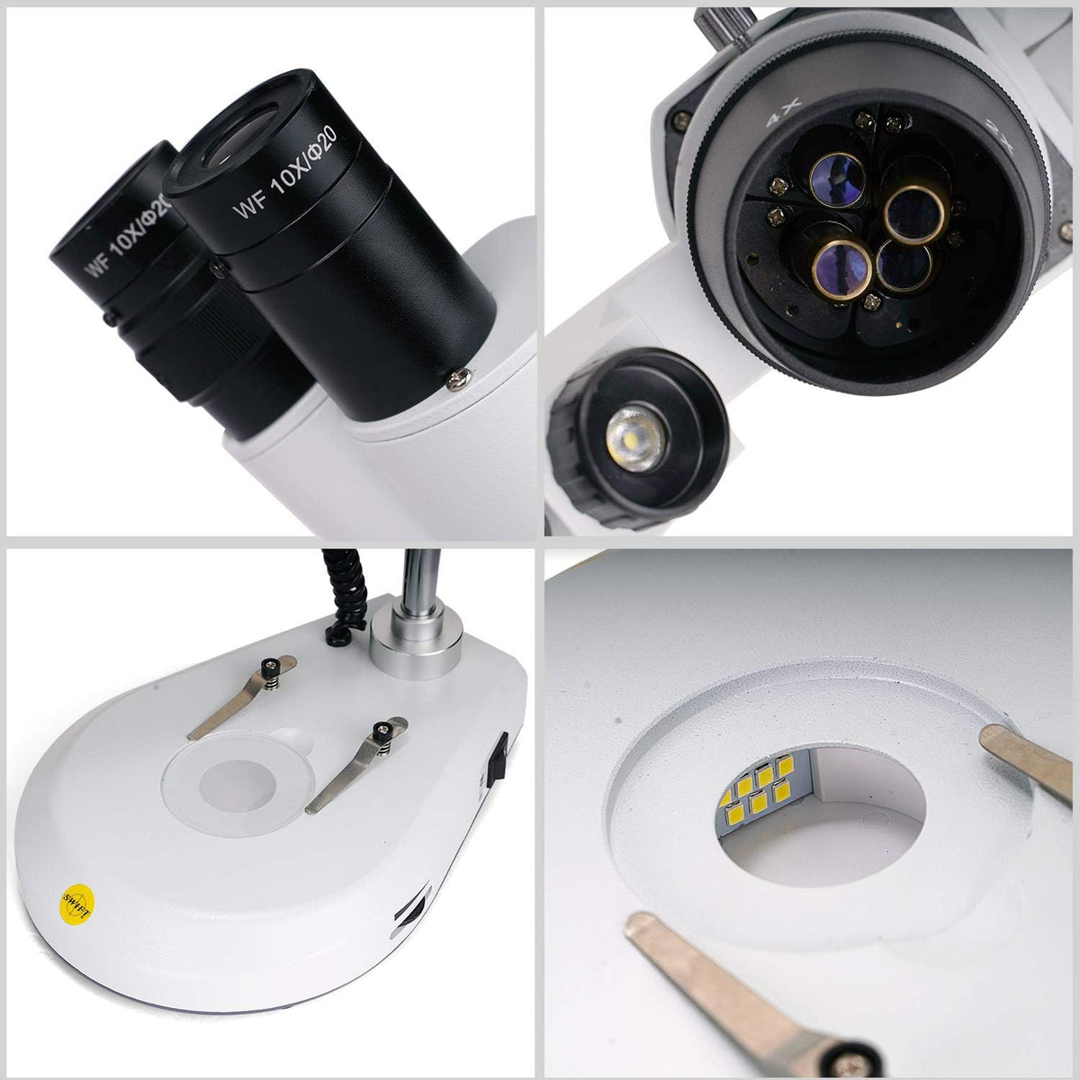 Swift S306S-20-2L Binocular Stereo Microscope, 20X/40X/80X Magnification, 360Â° Rotatable Forward-Mounted Head, Wide-Field 10X/20X Eyepieces, Upper & Lower LED Lights, Reversible Stage Plate