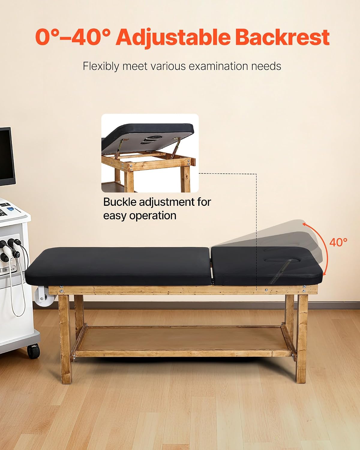 VEVOR Medical Exam Table, Wooden Framed Medical Examination Bed, Physical Therapy Exam Table with Adjustable Backrest, Storage Shelf & Paper Roll Dispenser for Hospitals Clinics Rehab Centers, 500LBS